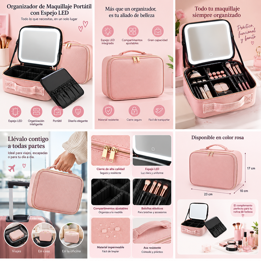 ✨Organizador de maquillaje portátil con espejo LED